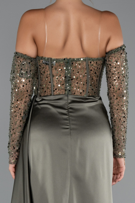 Long Olive Drab Satin Evening Dress ABU5288