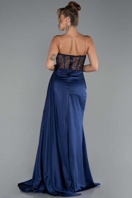 Long Navy Blue Satin Evening Dress ABU5288