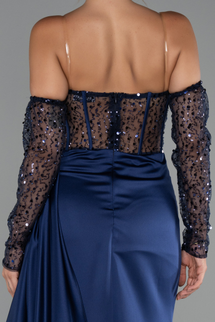 Long Navy Blue Satin Evening Dress ABU5288