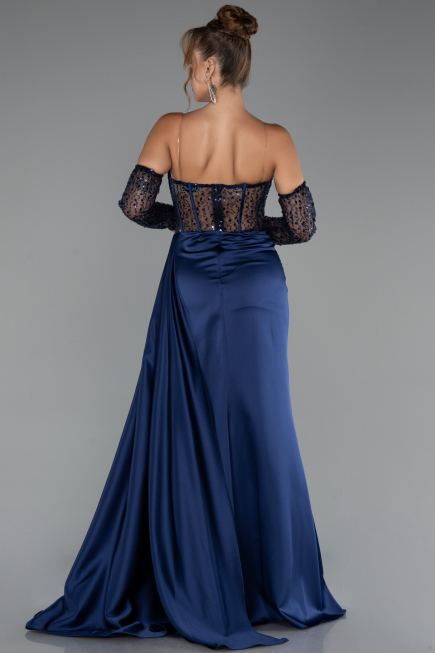 Long Navy Blue Satin Evening Dress ABU5288