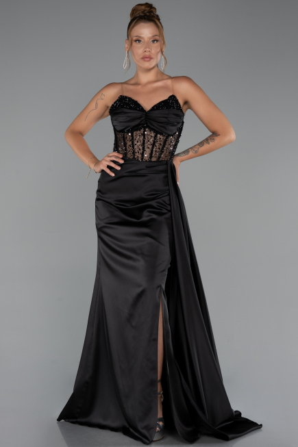 Long Black Satin Evening Dress ABU5288