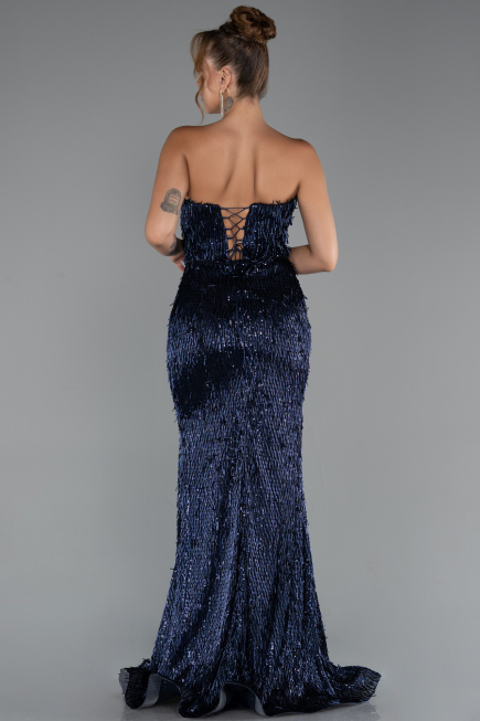 Long Navy Blue Beaded Evening Dress ABU5292