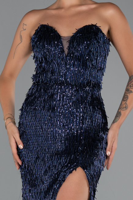 Long Navy Blue Beaded Evening Dress ABU5292