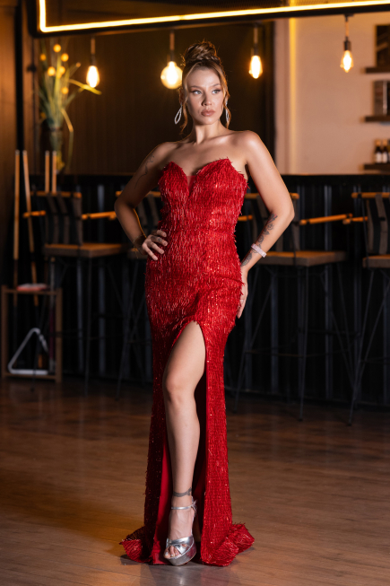 Long Red Beaded Evening Dress ABU5292