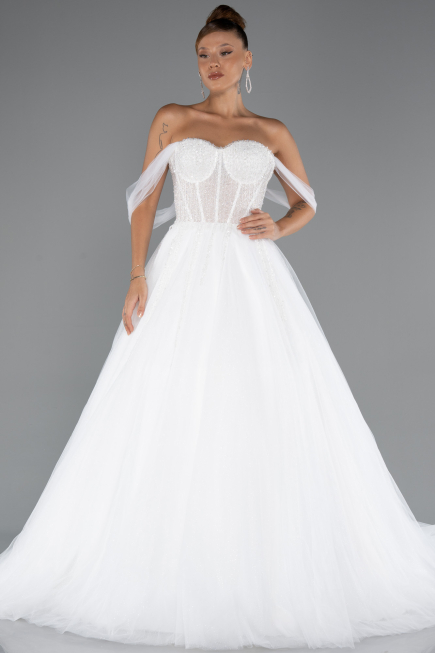 White Boat Neck Stoned Long Princess Wedding Dress ABG103