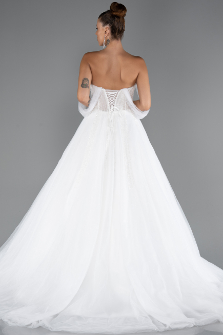 White Boat Neck Stoned Long Princess Wedding Dress ABG103