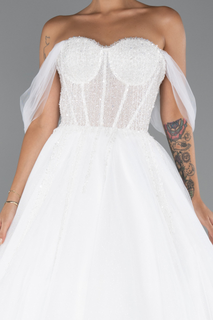 White Boat Neck Stoned Long Princess Wedding Dress ABG103