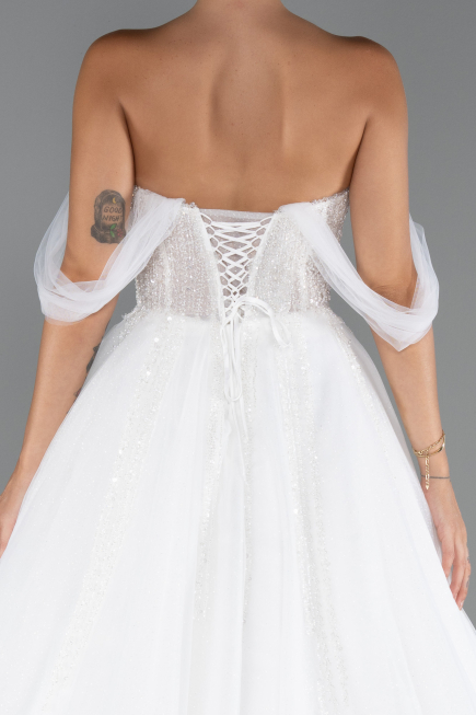 White Boat Neck Stoned Long Princess Wedding Dress ABG103