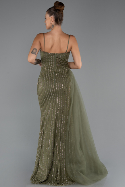 Long Olive Drab Beaded Evening Dress ABU5297
