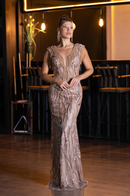 Gold Beaded Detailed V Neck Long Sequined Evening Gown ABU5312