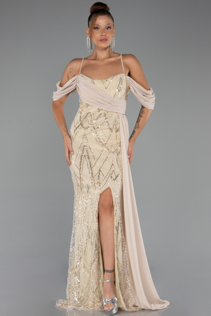 Long Beige Beaded Evening Dress ABU5316