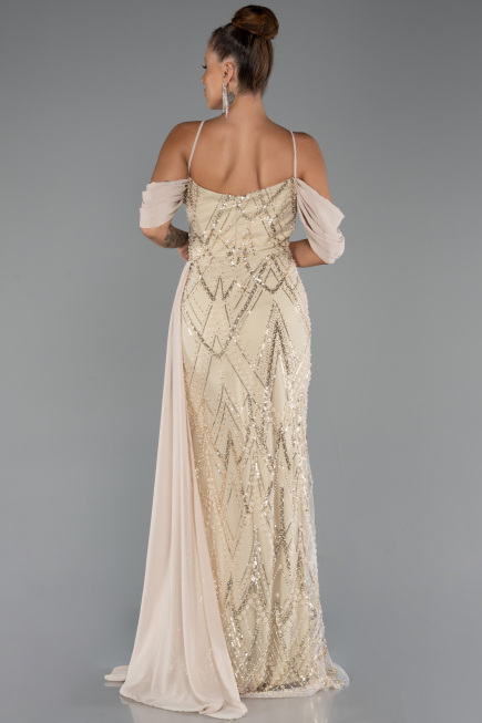 Long Beige Beaded Evening Dress ABU5316