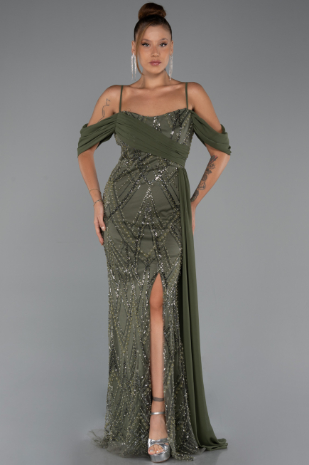 Long Olive Drab Beaded Evening Dress ABU5316