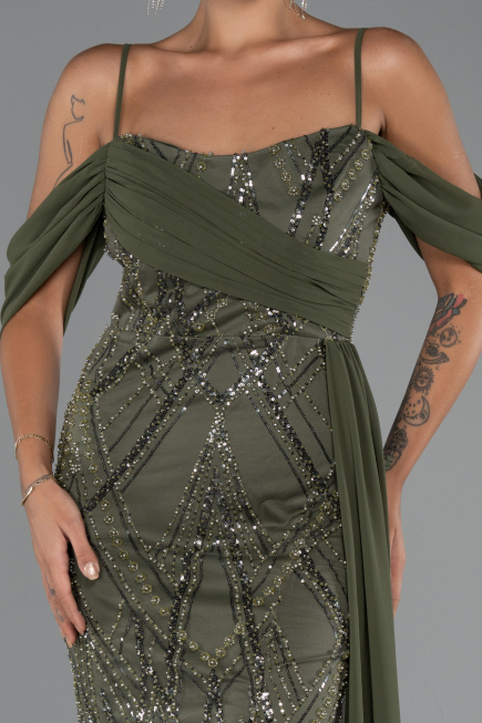 Long Olive Drab Beaded Evening Dress ABU5316