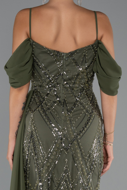 Long Olive Drab Beaded Evening Dress ABU5316