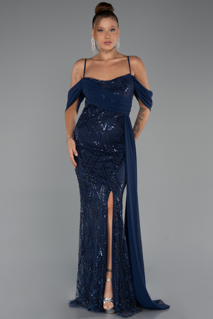 Long Navy Blue Beaded Evening Dress ABU5316
