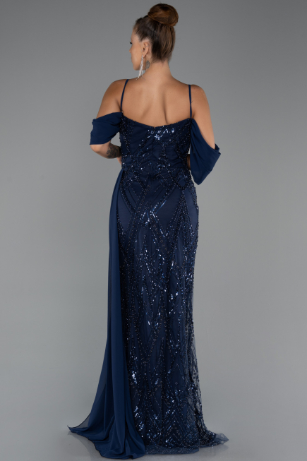 Long Navy Blue Beaded Evening Dress ABU5316