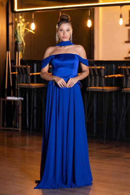 Long Sax Blue Chiffon Evening Dress ABU5327