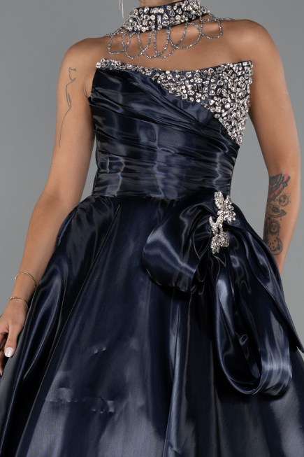 Long Navy Blue Satin Evening Dress ABU5324