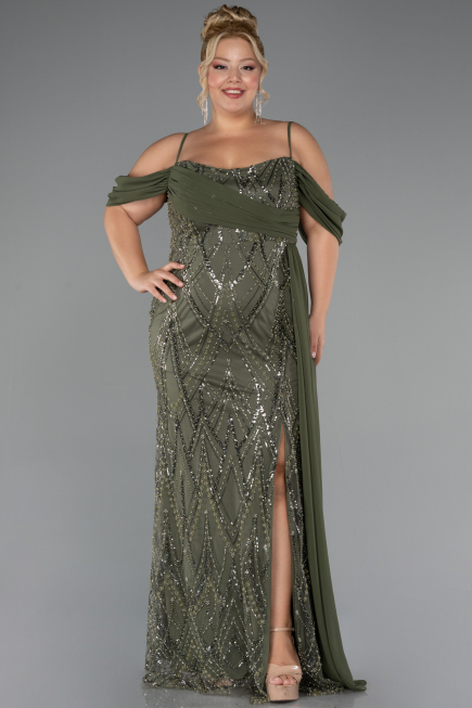 Long Olive Drab Beaded Formal Plus Size Dress ABU5319