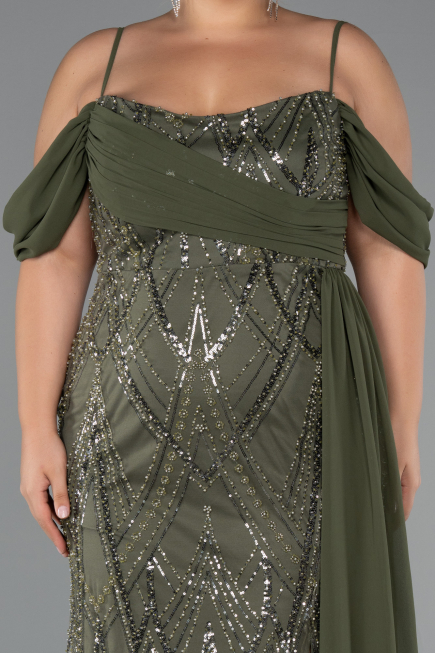 Long Olive Drab Beaded Formal Plus Size Dress ABU5319