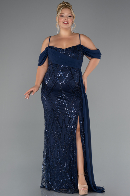 Long Navy Blue Beaded Formal Plus Size Dress ABU5319