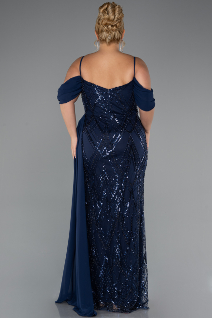 Long Navy Blue Beaded Formal Plus Size Dress ABU5319