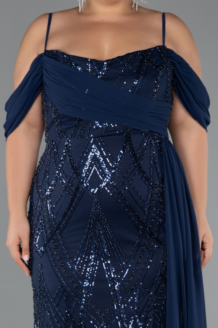 Long Navy Blue Beaded Formal Plus Size Dress ABU5319