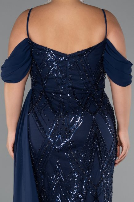 Long Navy Blue Beaded Formal Plus Size Dress ABU5319