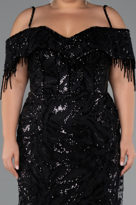 Long Black Beaded Plus Size Evening Gown ABU5326