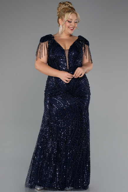 Long Navy Blue Beaded Plus Size Evening Dress ABU5336