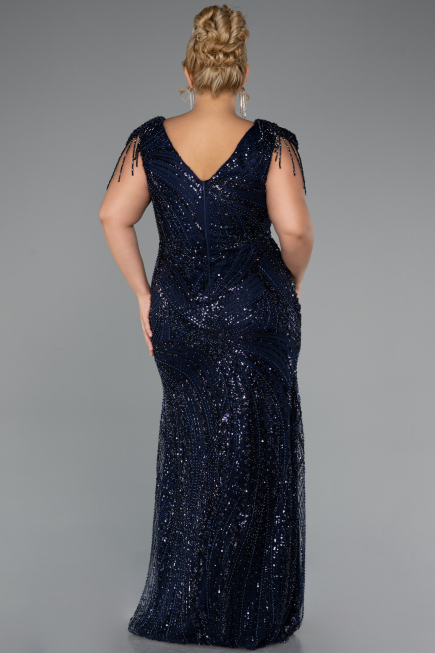 Long Navy Blue Beaded Plus Size Evening Dress ABU5336