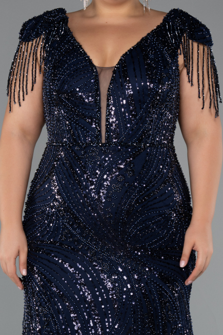 Long Navy Blue Beaded Plus Size Evening Dress ABU5336
