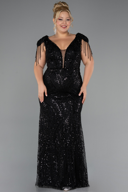 Long Black Beaded Plus Size Evening Dress ABU5336