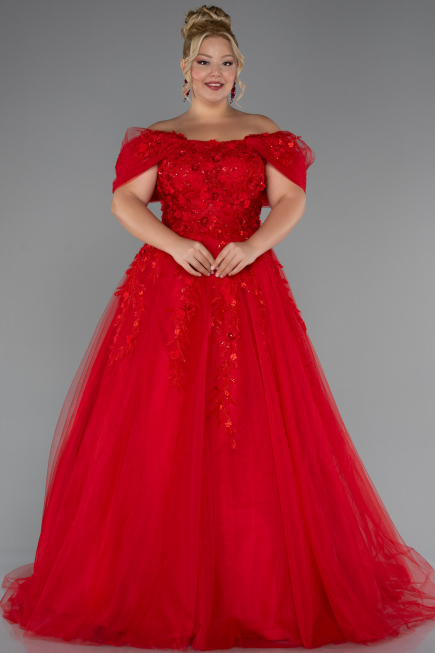 Red Boat Neck Embroidered Long Plus Size Special Design Dress ABU4722