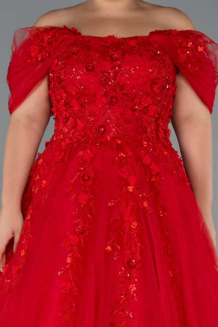 Red Boat Neck Embroidered Long Plus Size Special Design Dress ABU4722