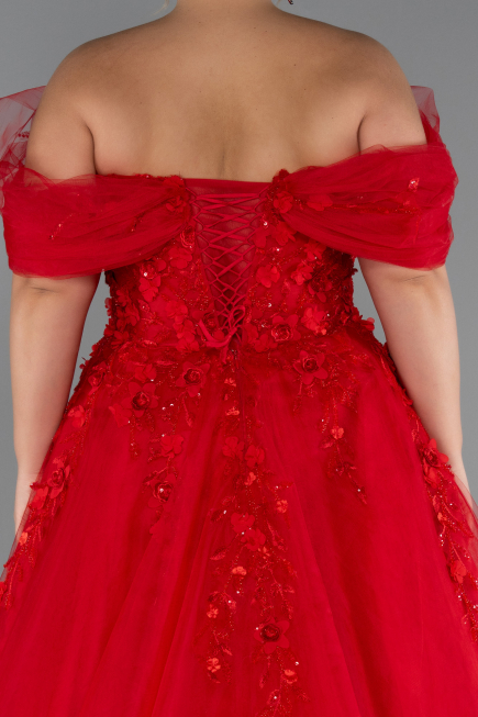 Red Boat Neck Embroidered Long Plus Size Special Design Dress ABU4722