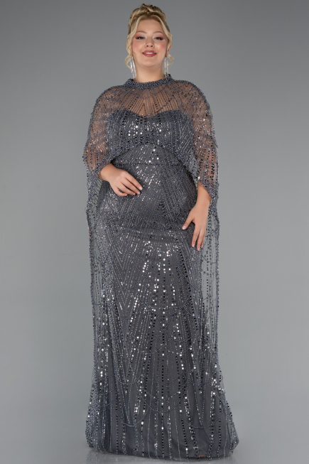 Long Anthracite Beaded Plus Size Wedding Dress ABU5328