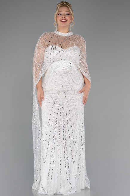 Long White Beaded Plus Size Wedding Dress ABU5328