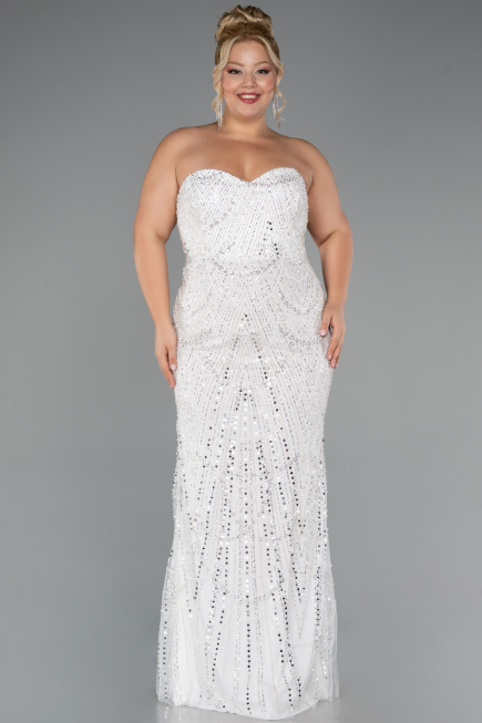 Long White Beaded Plus Size Wedding Dress ABU5328
