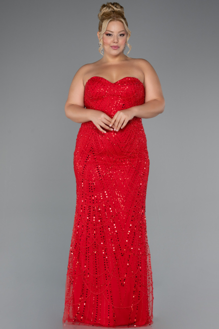 Long Red Beaded Plus Size Wedding Dress ABU5328