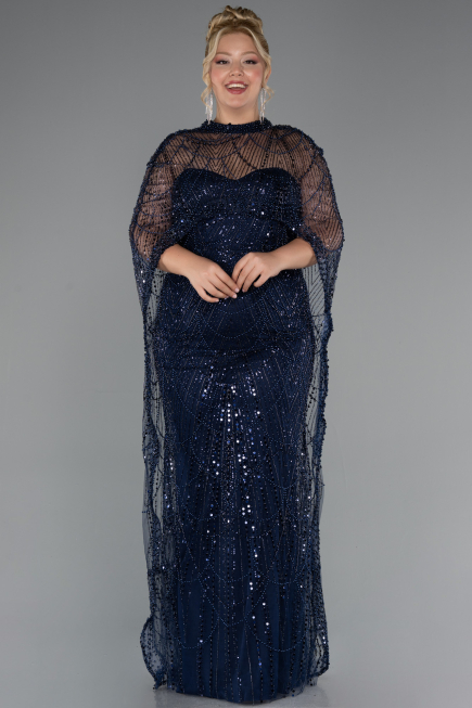 Long Navy Blue Beaded Plus Size Wedding Dress ABU5328