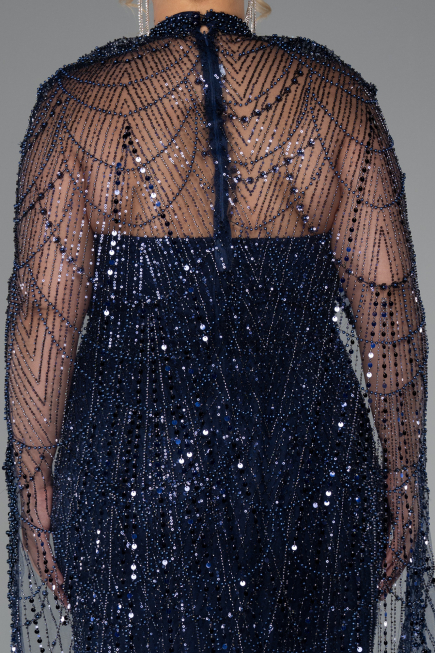 Long Navy Blue Beaded Plus Size Wedding Dress ABU5328
