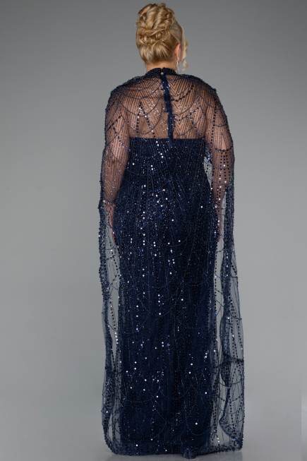 Long Navy Blue Beaded Plus Size Wedding Dress ABU5328