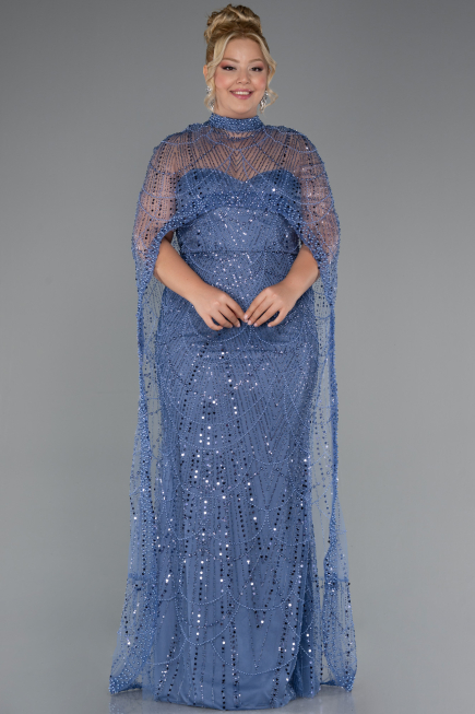 Long Blue Beaded Plus Size Wedding Dress ABU5328