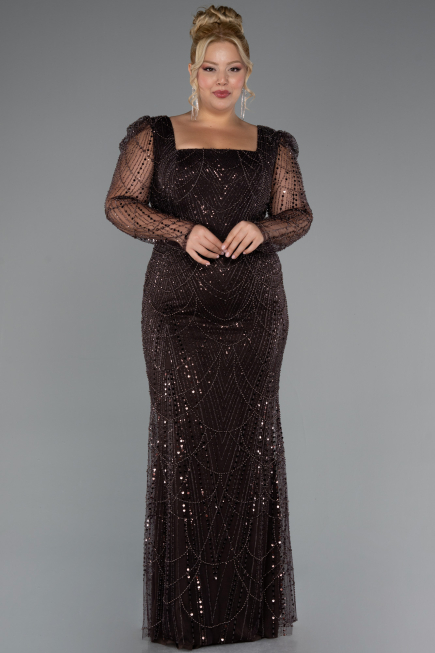 Brown Long Beaded Plus Size Engagement Dress ABU4761