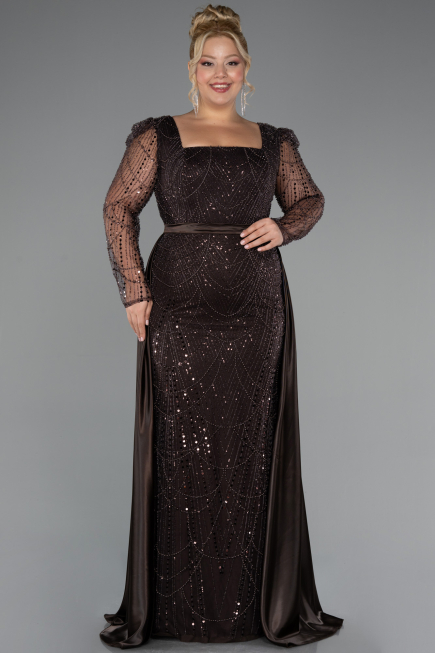 Brown Long Beaded Plus Size Engagement Dress ABU4761