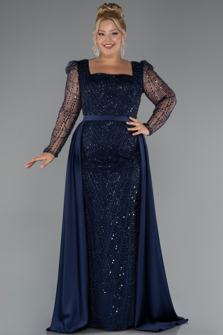 Long Navy Blue Beaded Plus Size Engagement Dress ABU4761