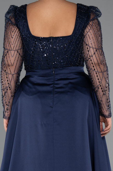 Long Navy Blue Beaded Plus Size Engagement Dress ABU4761