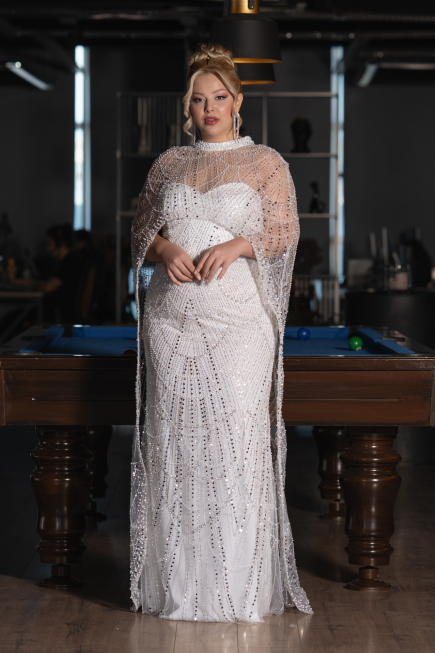 Long White Beaded Plus Size Wedding Dress ABU5328
